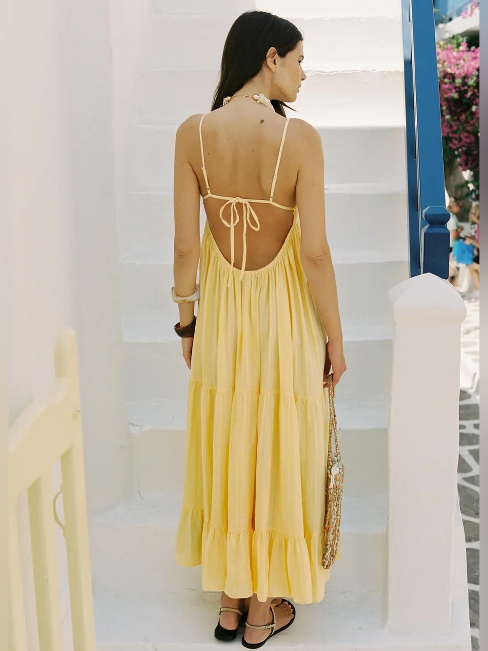 Zara Open Back Panel Maxi Dress Straight Neckline Adjustable Straps Pale Yellow
